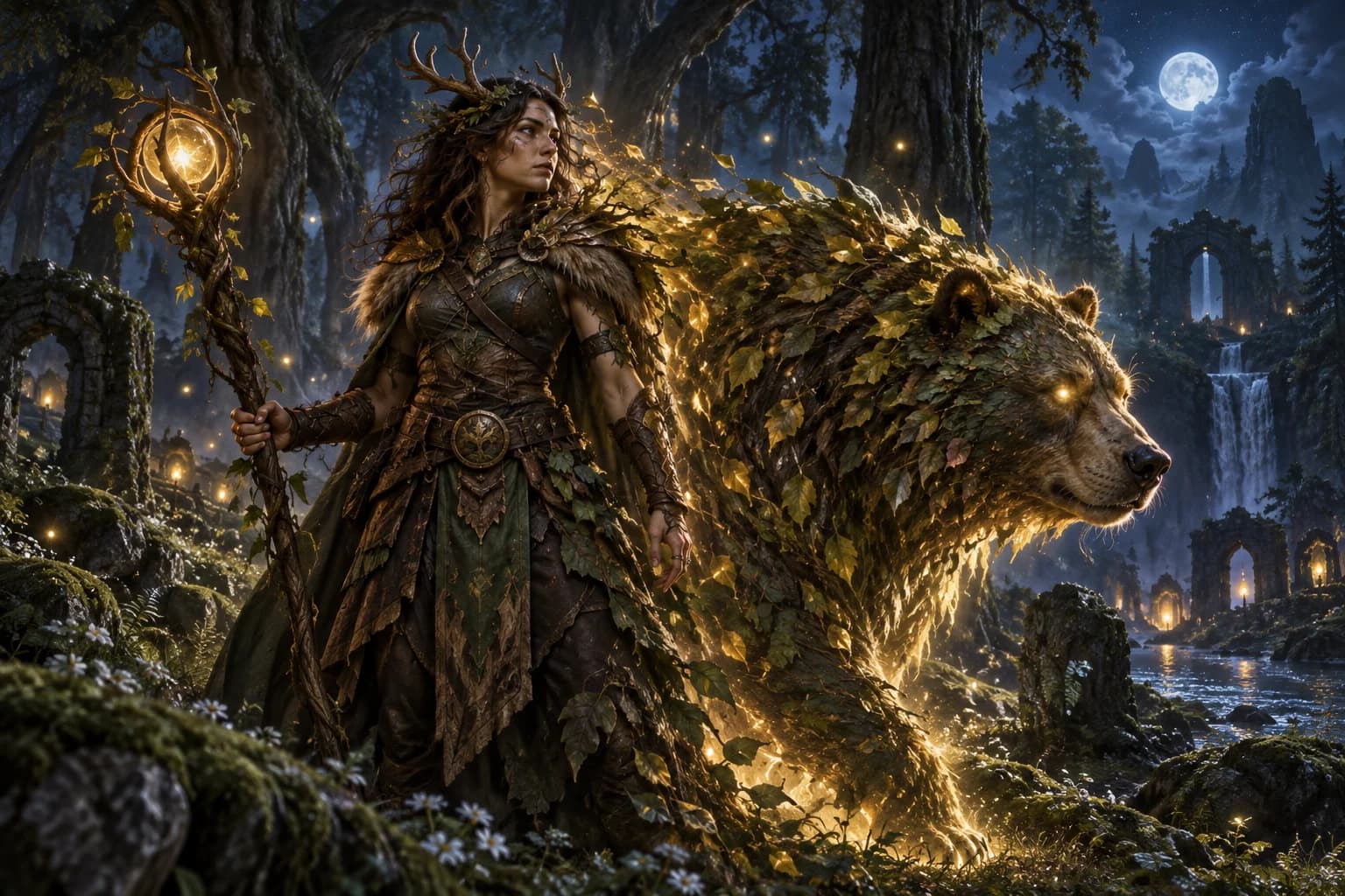 A druid in an ancient forest, transforming into a bear made of leaves and light