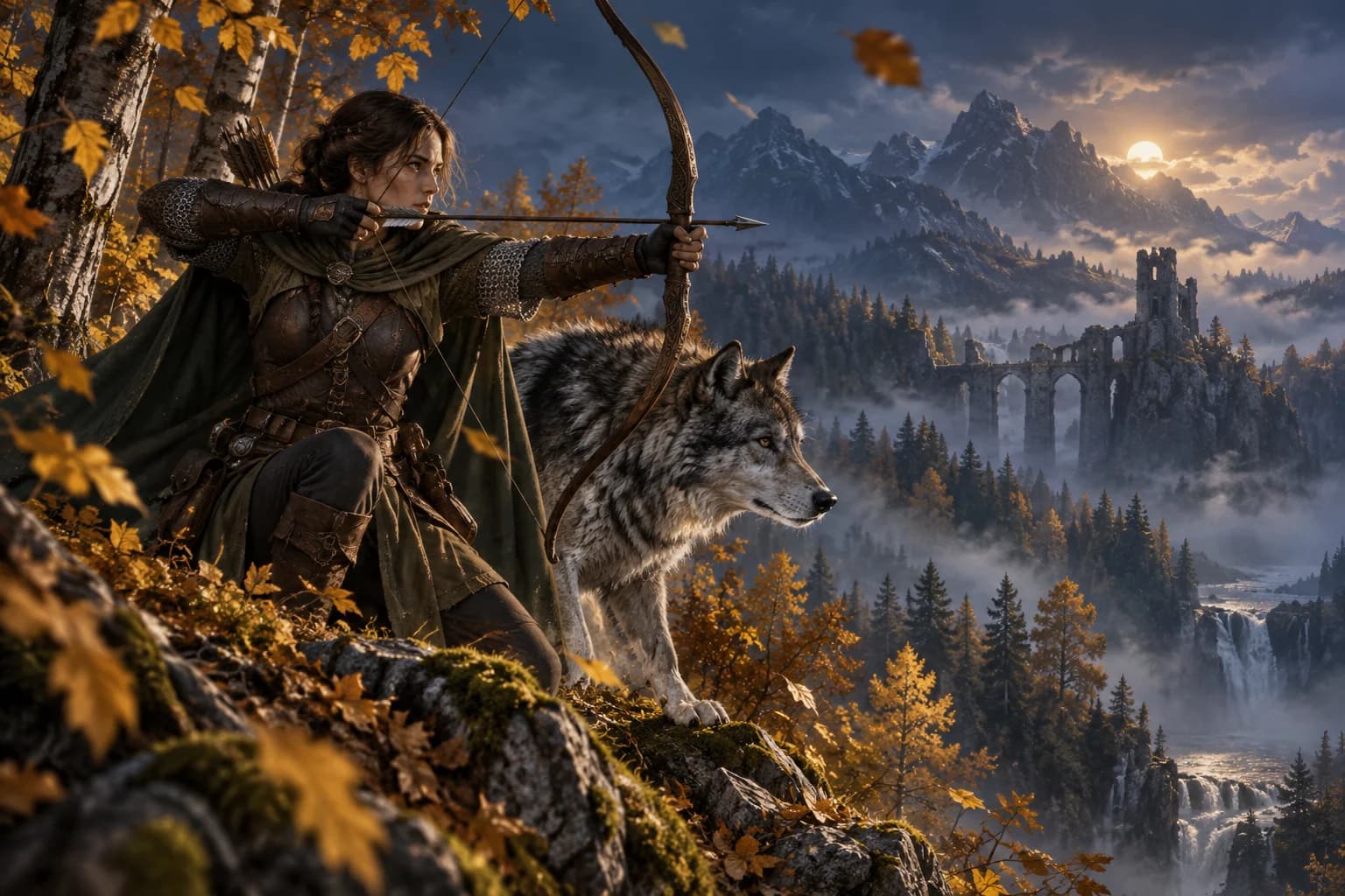 A ranger with a longbow and a wolf companion in an autumn forest