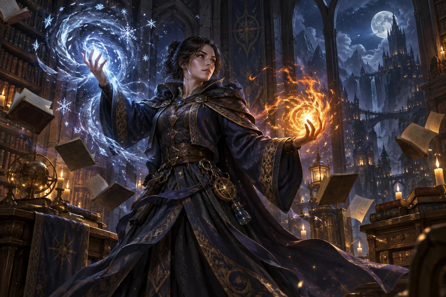 A mage conjuring frost and fire in a tower library