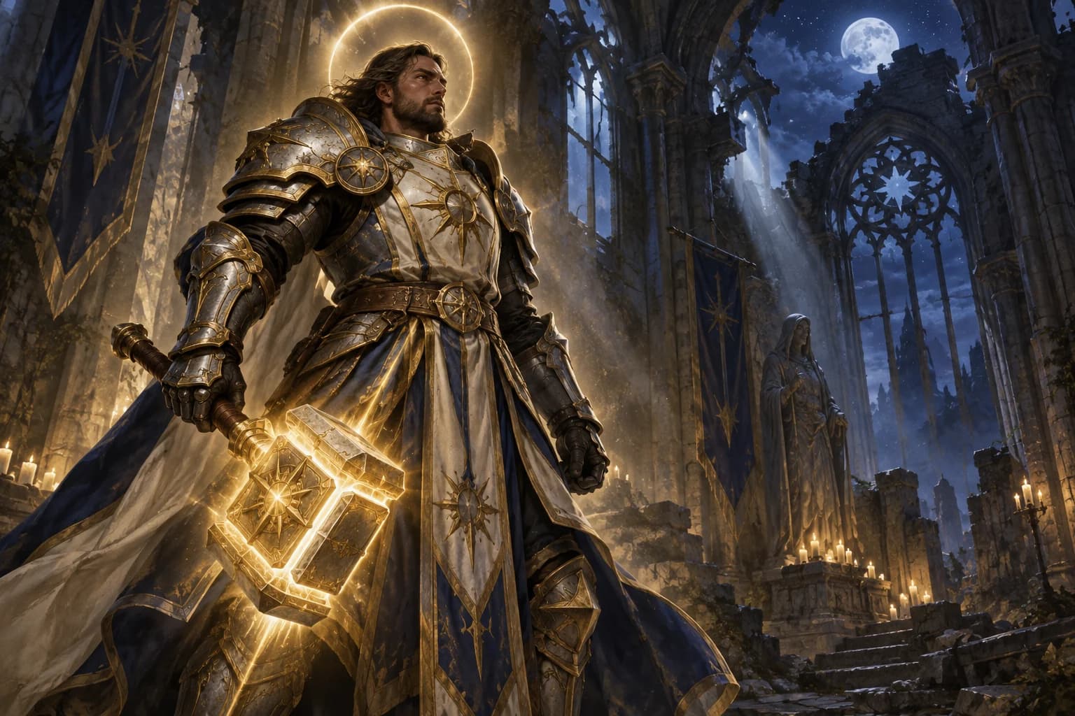 A knight in plate armor with a glowing war hammer in a ruined cathedral