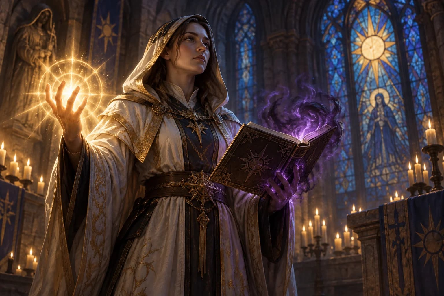A robed priest holding golden light in one hand and violet shadow in the other