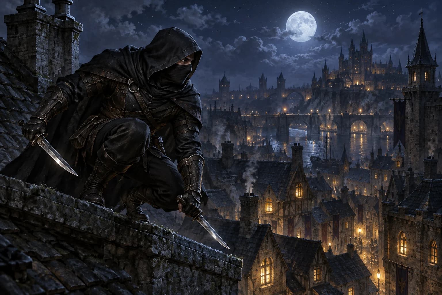 A hooded rogue with twin daggers on a rooftop at night