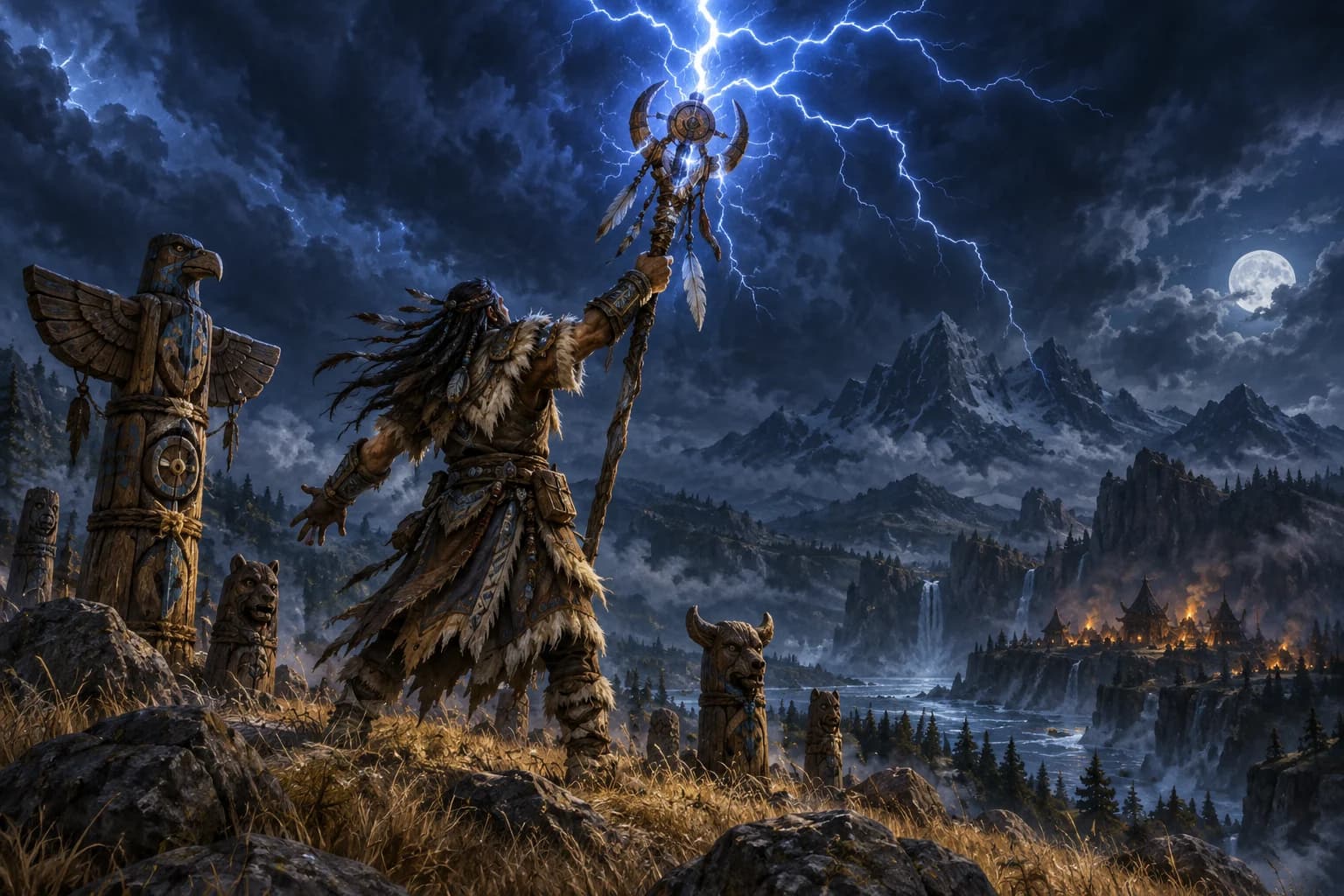 A shaman raising a totem staff and calling lightning on a windswept plain