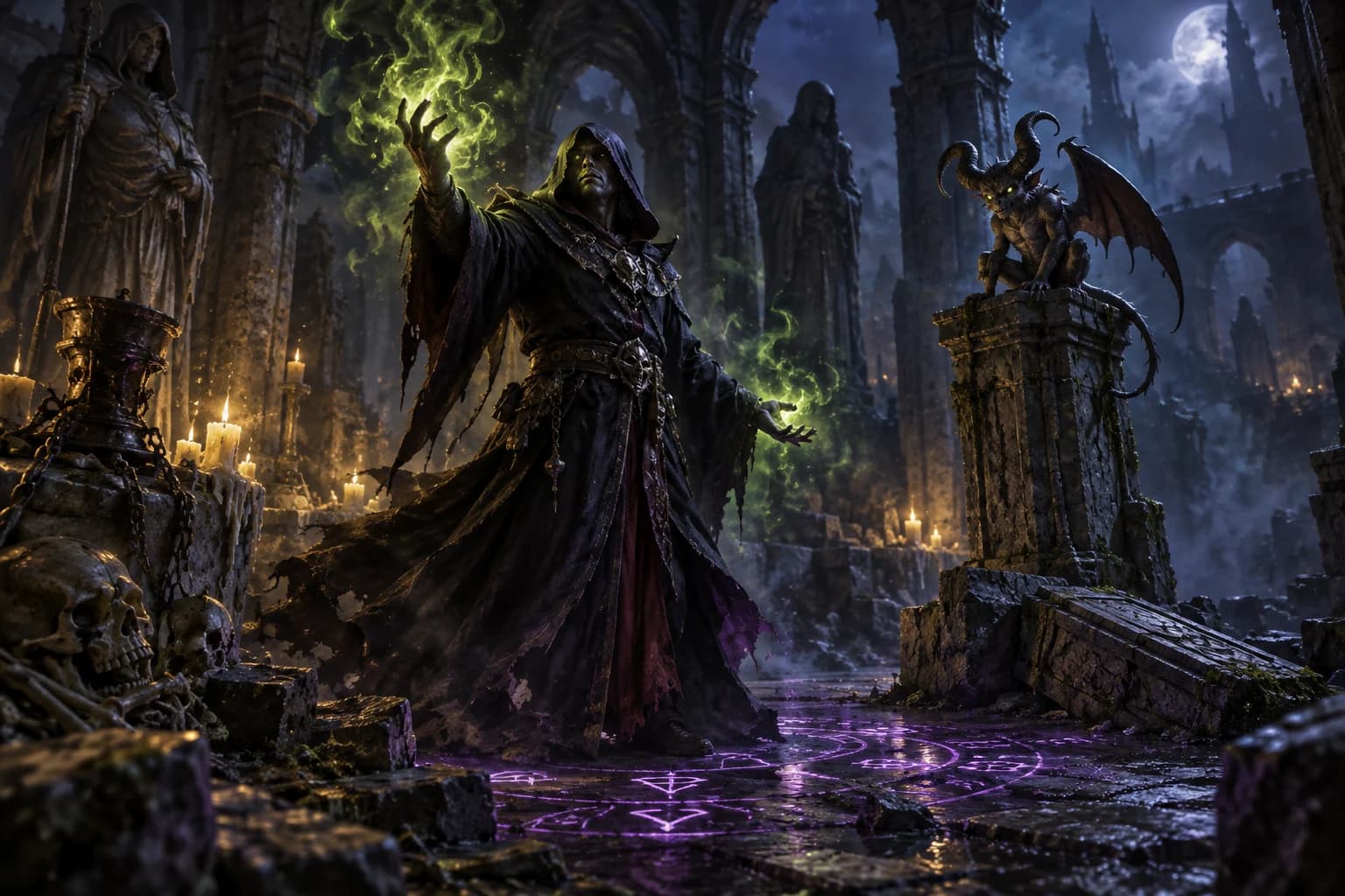 A warlock conjuring green fire in a crypt, a small horned familiar beside them