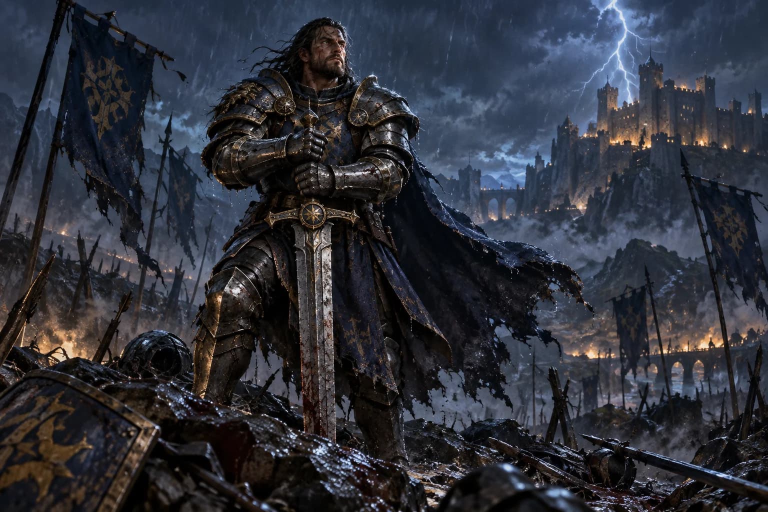A warrior in plate armor with a two-handed sword on a stormy battlefield