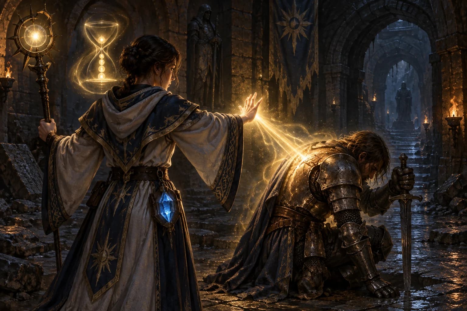 A robed healer channeling golden light in a dungeon, an hourglass of light floating nearby