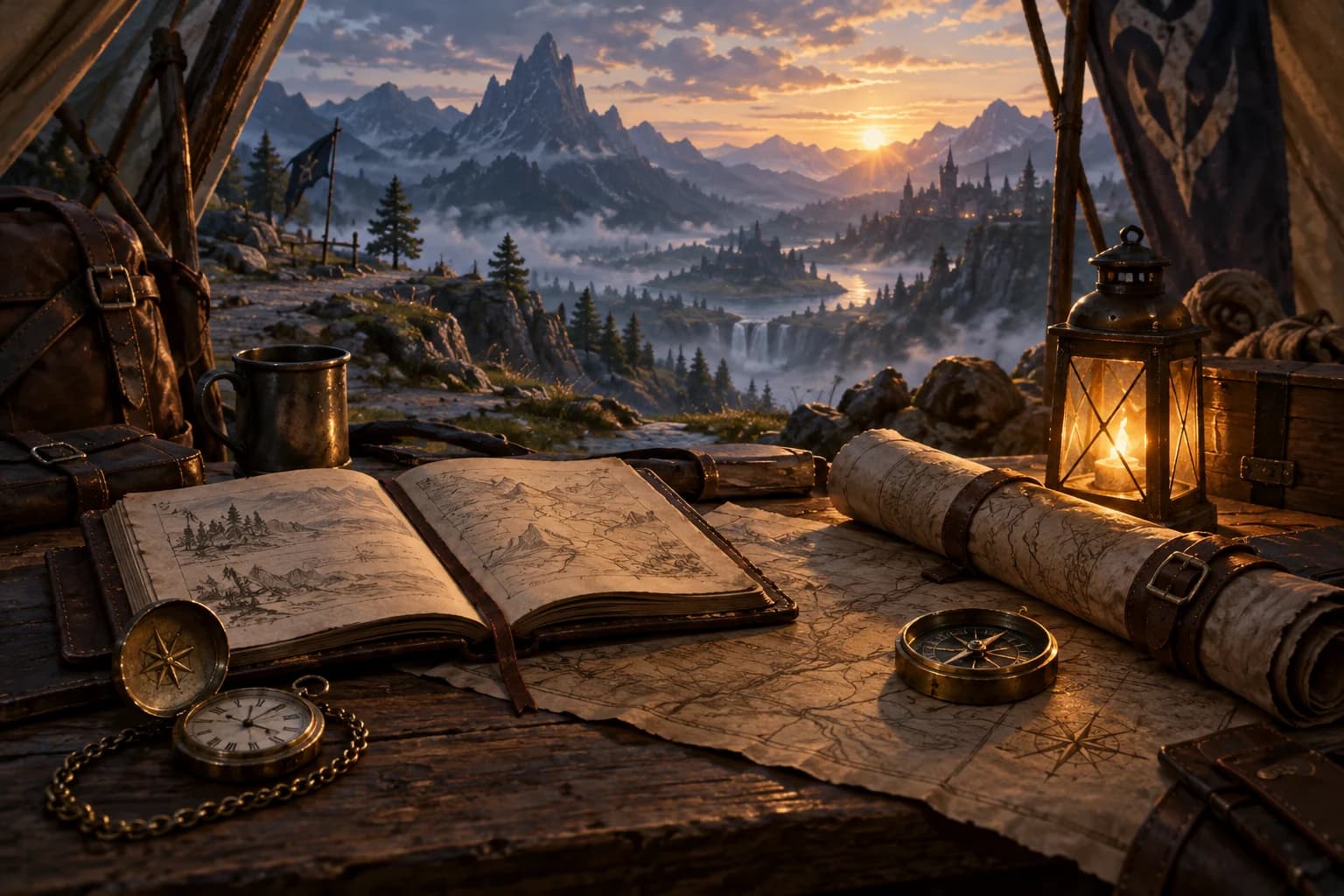 An adventurer's desk prepared for a journey at dawn: journal, watch, map and compass