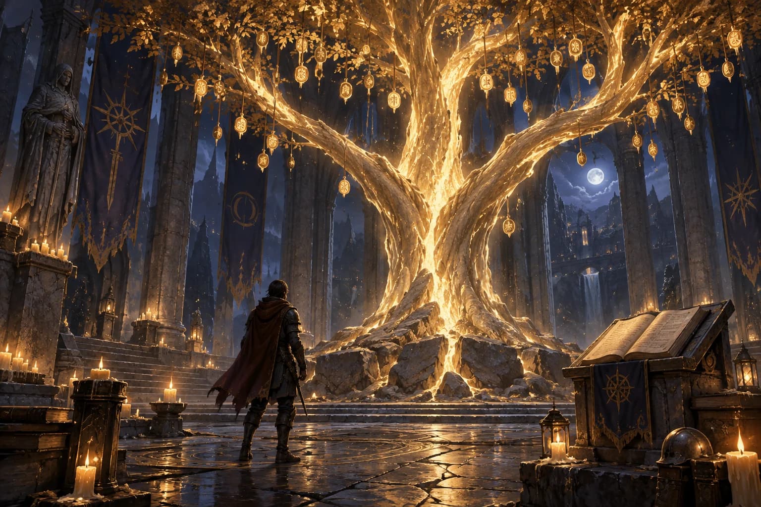 A tree of golden light with three branches in a hall of remembrance, glowing seals hanging from it
