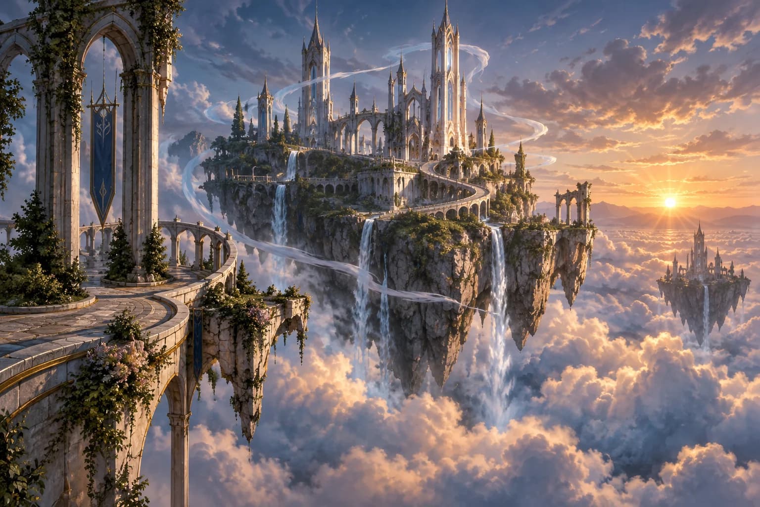A floating island with white stone towers and crumbling arches above a sea of clouds at dawn