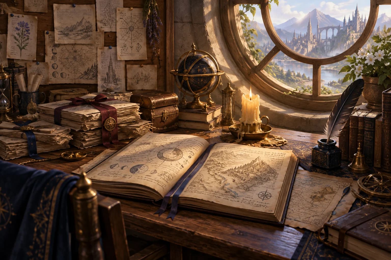 A scholar’s desk covered with notes, pinned pages and an open notebook