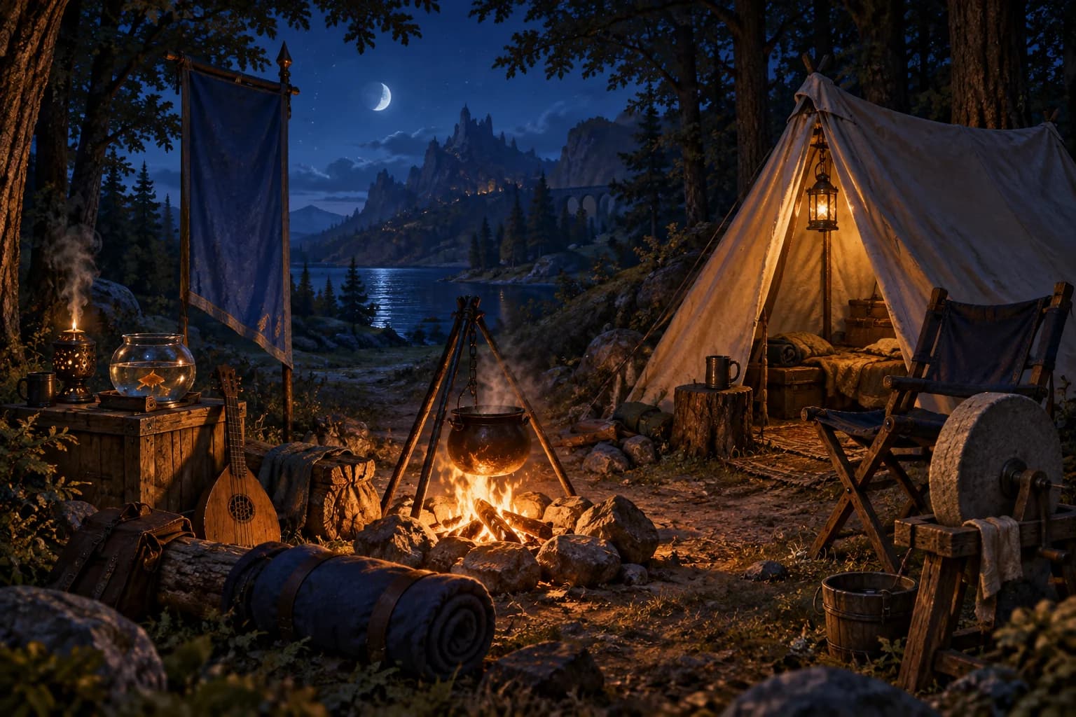 A forest campsite at dusk with a campfire, a tent, a camp chair, a grinding wheel, a lute and a sleeping bag