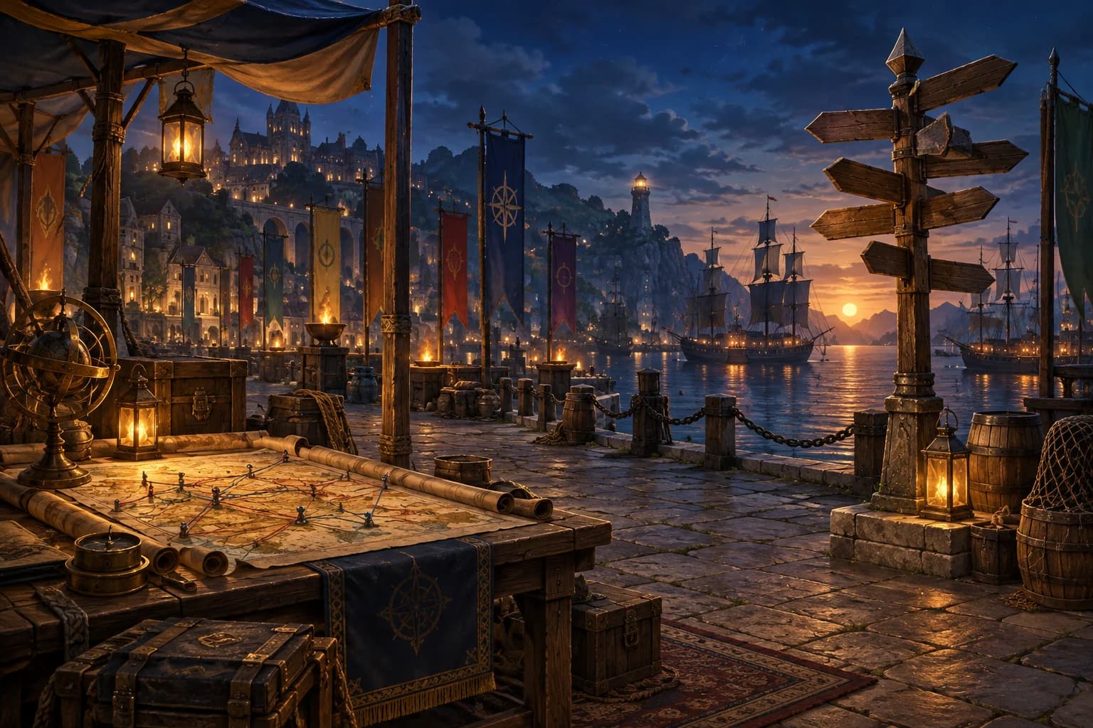 A harbor square at dusk with a signpost pointing every way and banners of many colors
