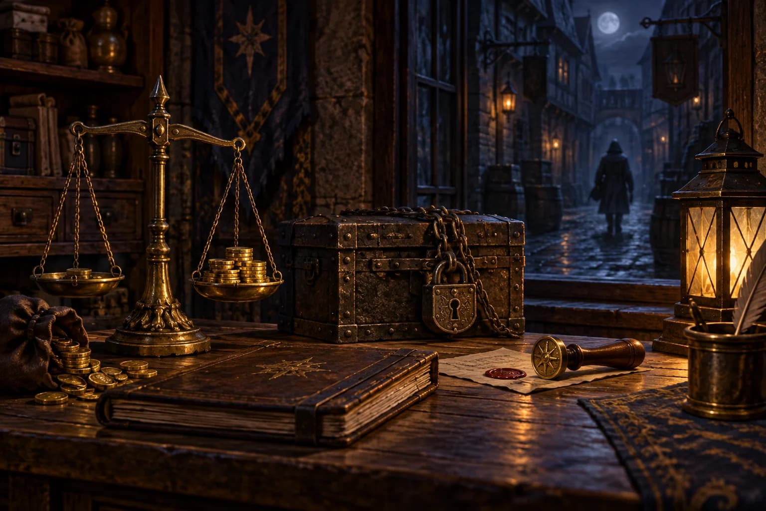 A brass scale with gold coins next to a padlocked strongbox on a merchant’s counter