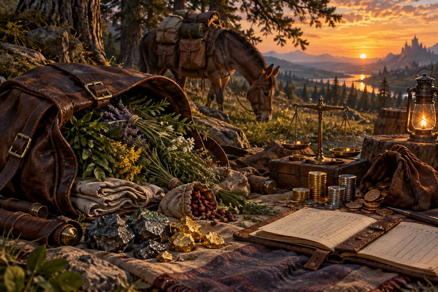 Herbs, ore, cloth and gold, silver and copper coins beside a price notebook at a forest camp