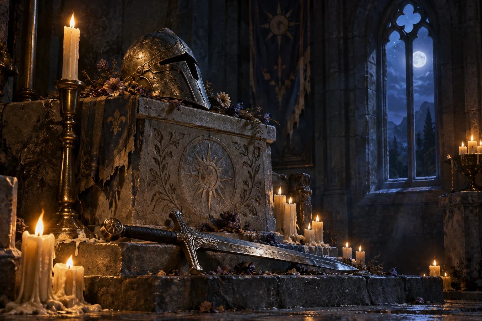 A dented helmet on a memorial stone lit by a single candle in a small chapel
