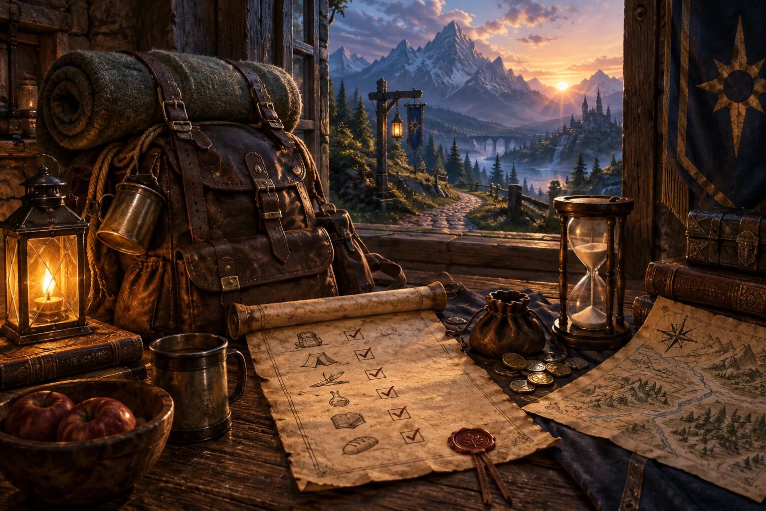 A traveler’s table before a journey: a checklist, a packed bag and an hourglass almost empty