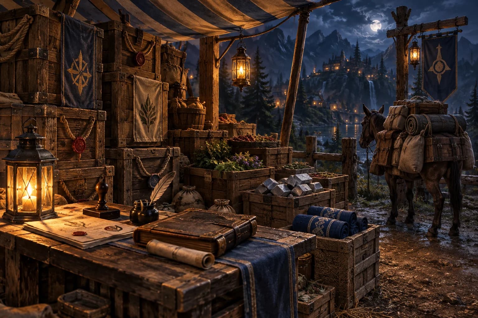Sealed wooden crates, shipping labels and a ledger at a roadside trade post with a pack mule