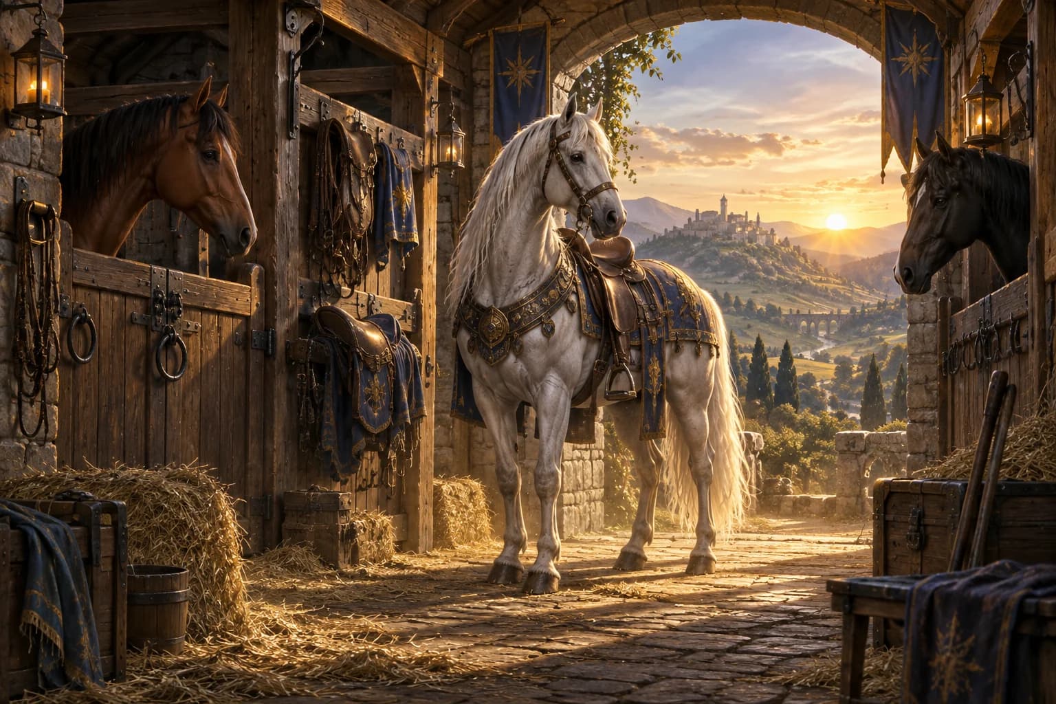 An armored white war horse with an ornate saddle in a stable at sunrise