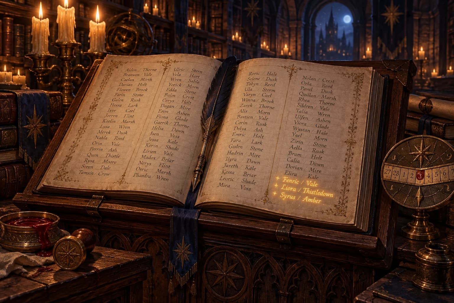 An open register of handwritten two-part names, three fresh entries glowing gold