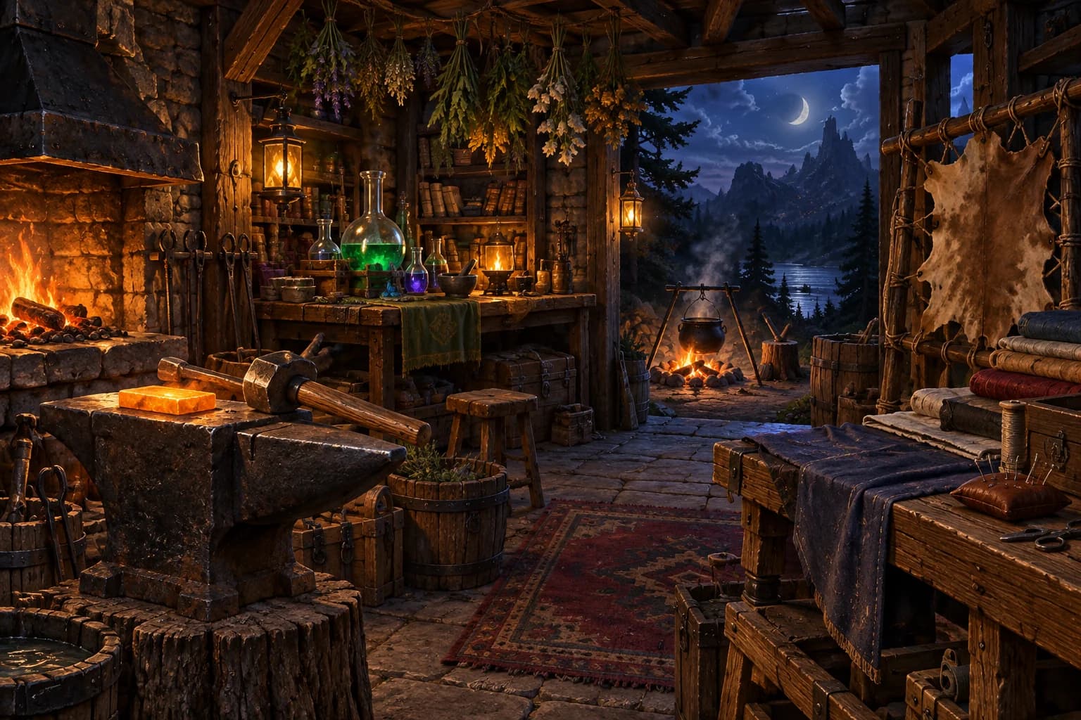 A crafter’s workshop with an anvil, alchemy flasks, cloth, leather and drying herbs