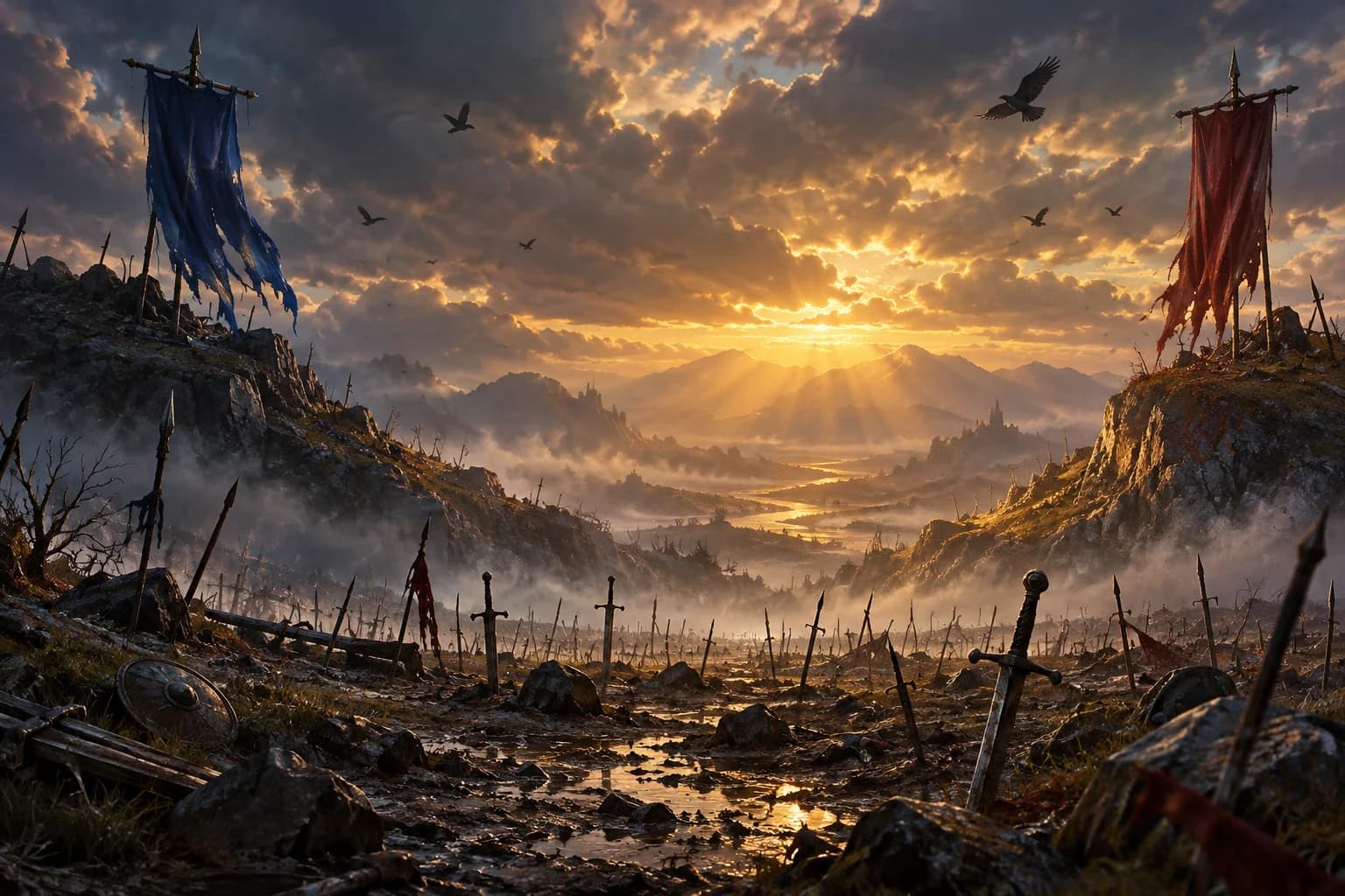 A misty battlefield at dawn between a blue banner and a red banner, swords planted in the ground