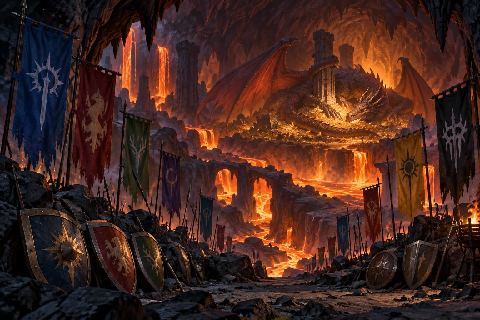 A dragon asleep on its hoard in a lava cavern, war banners planted at the entrance