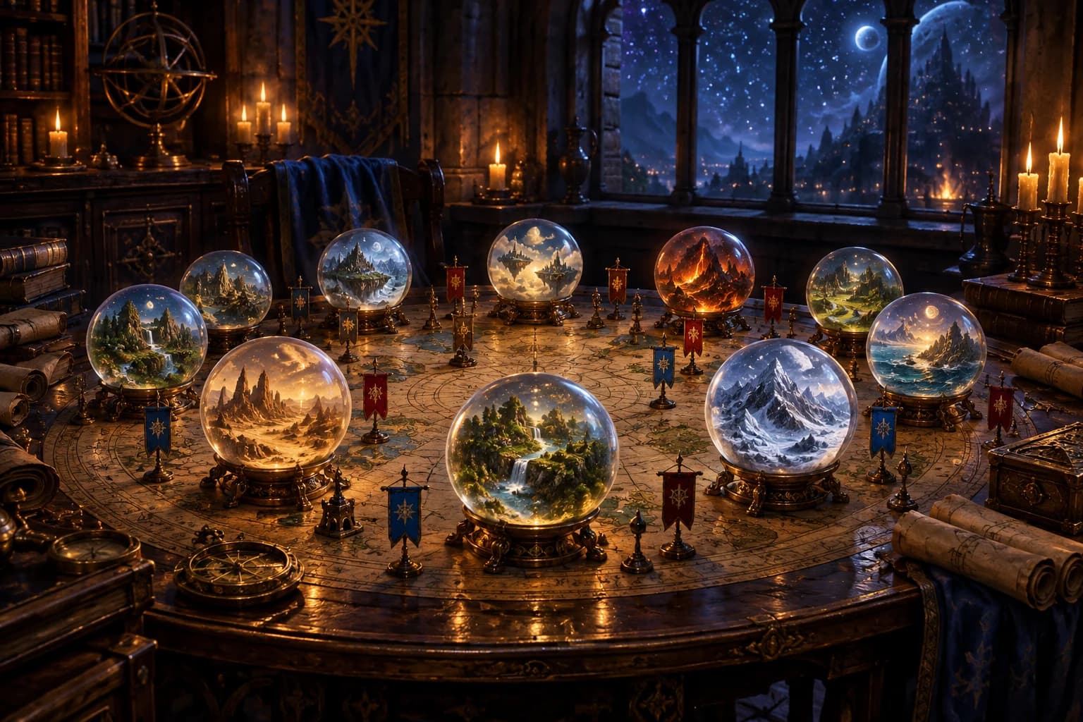 Glowing glass orbs holding tiny worlds on a round map table