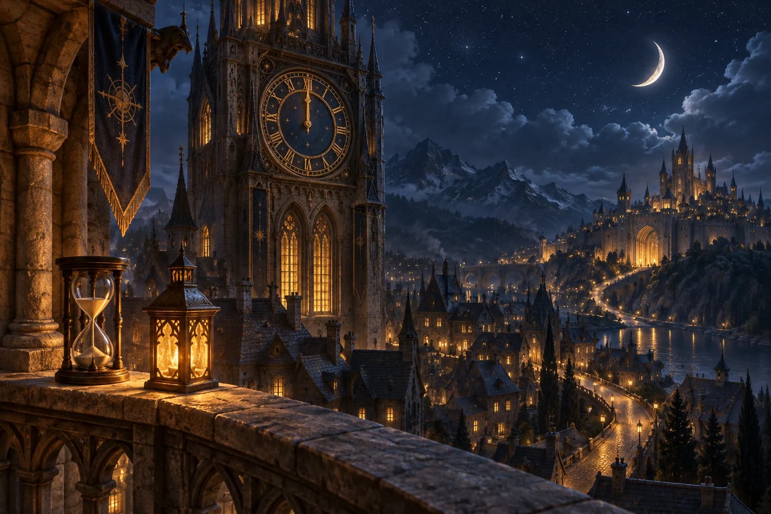 A clock tower over a sleeping town, both hands joined at midnight