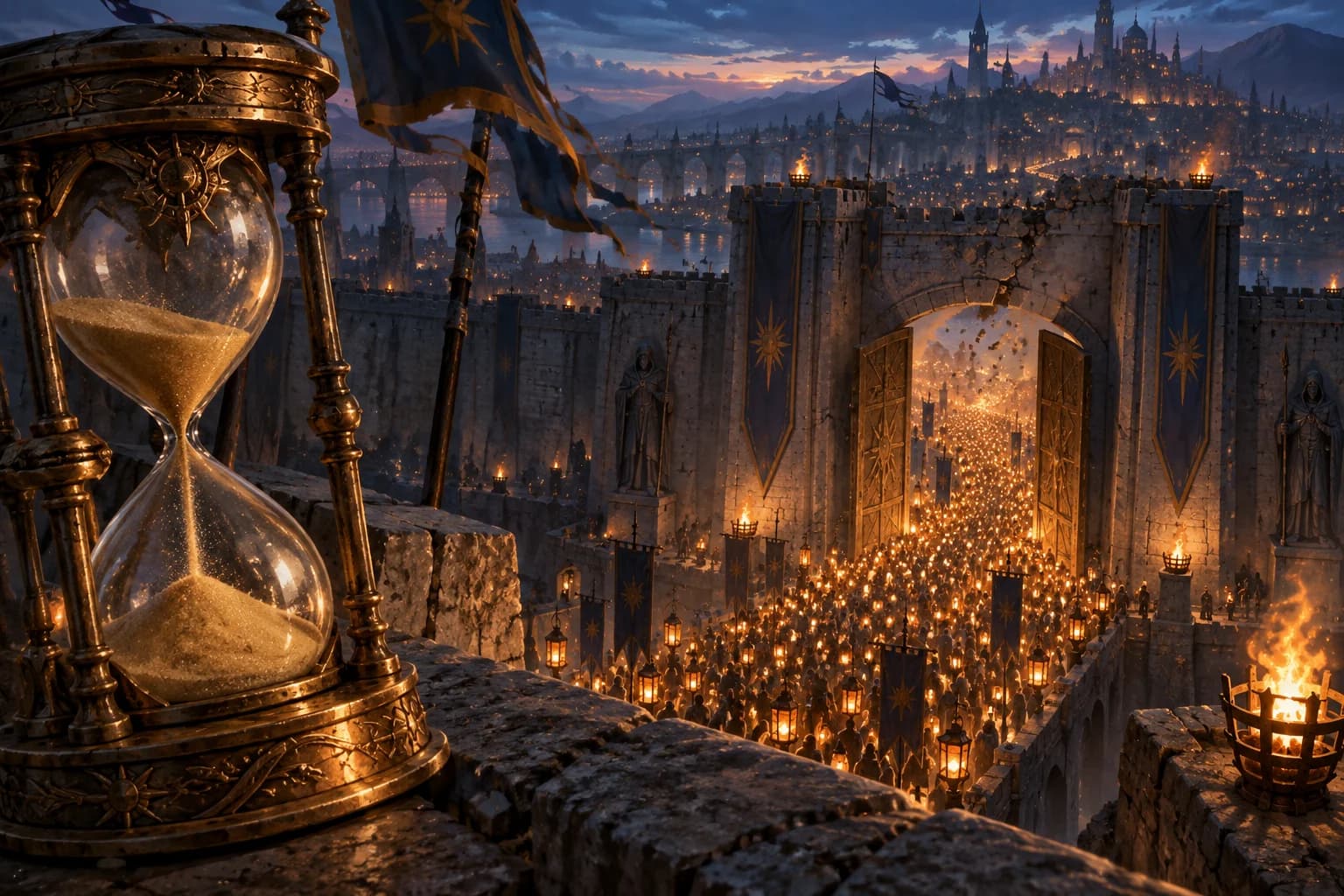 A city gate thrown open at dusk, a river of lanterns pouring in, an hourglass running out