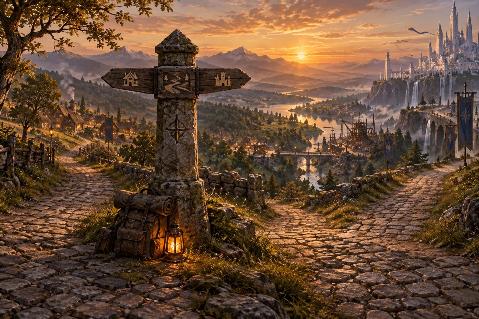 Three roads parting at a hilltop crossroads: an old village, a lantern-lit valley and a shining citadel