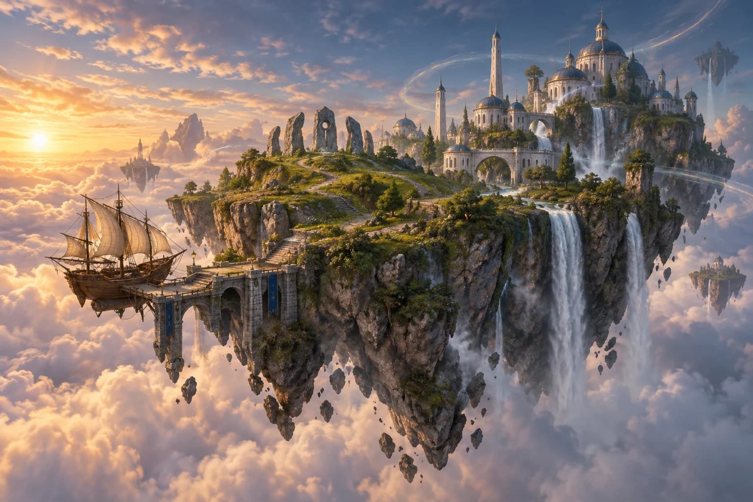 A floating island above the clouds with white towers, standing stones and a sky-ship at its dock