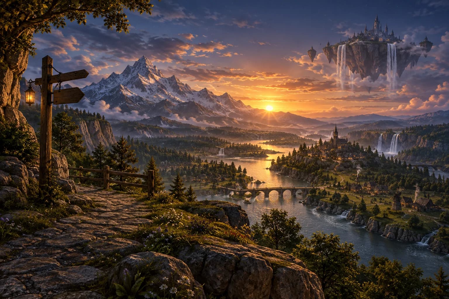 A river valley seen from a cliff with a signpost, a floating island in the distant clouds