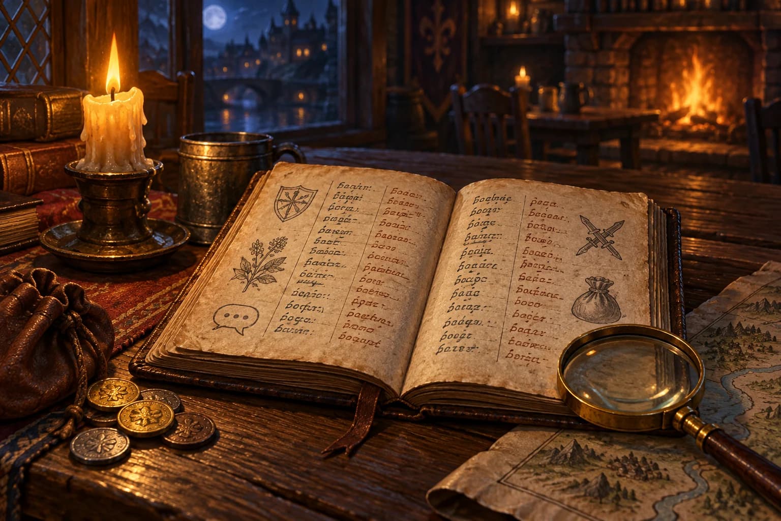 An open phrasebook on a tavern table, its margins sketched with a shield, an herb, daggers and a coin pouch